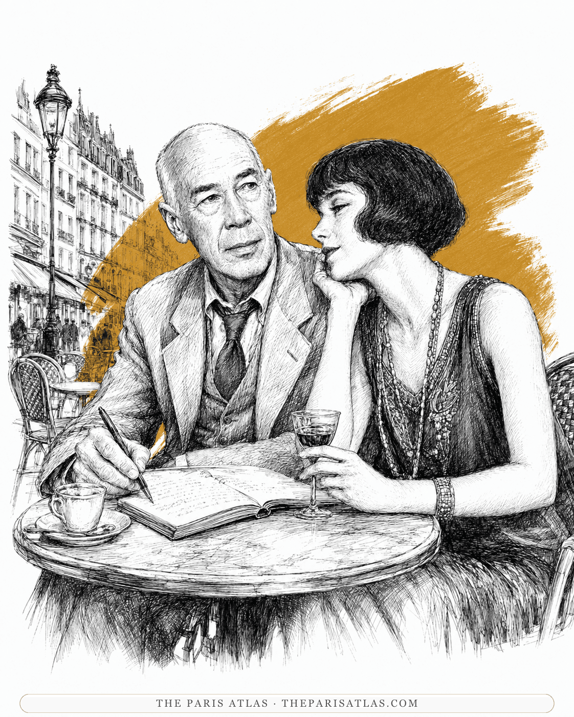 Illustration of Henry Miller writing at a Paris café table beside a young woman with a 1920s bob.