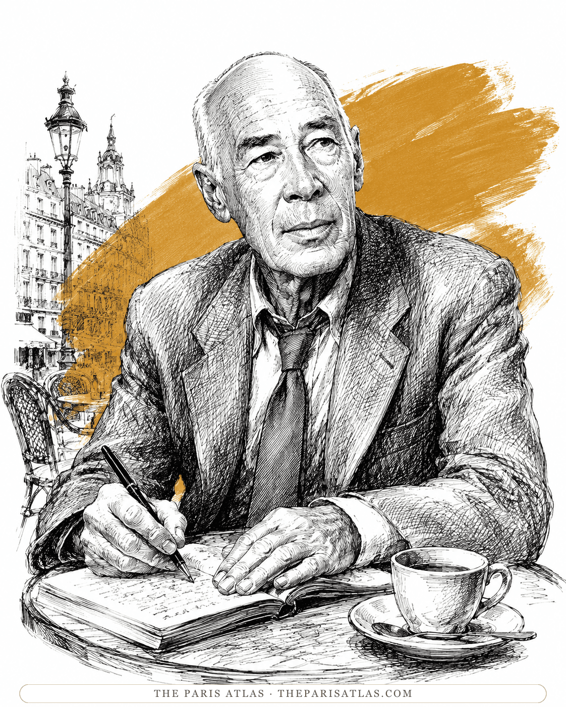 Illustration of Henry Miller writing in a notebook at a Paris café table with a coffee cup, a Haussmann façade behind him.