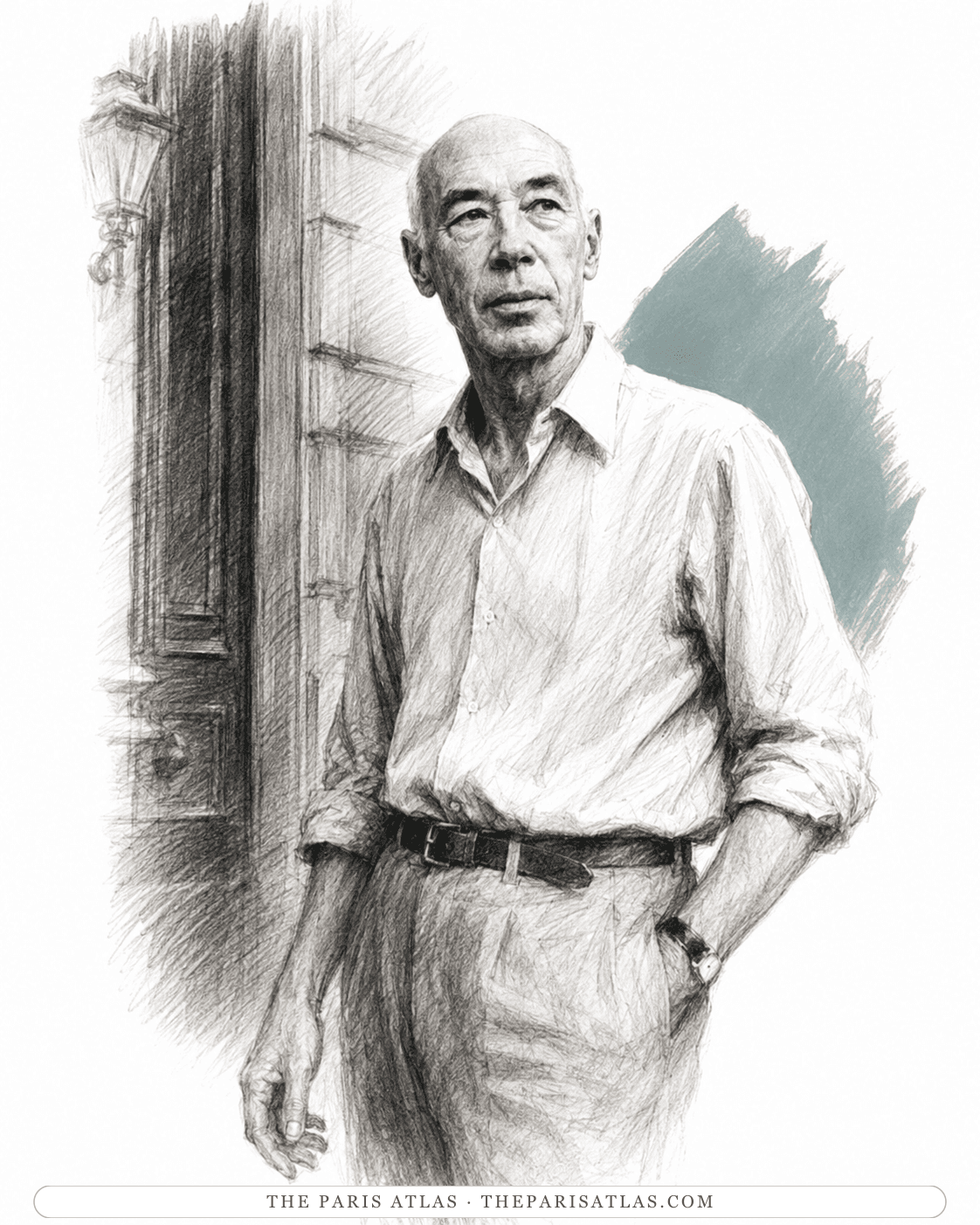 Pencil illustration of Henry Miller in shirtsleeves beside a Paris doorway, one hand in his pocket.