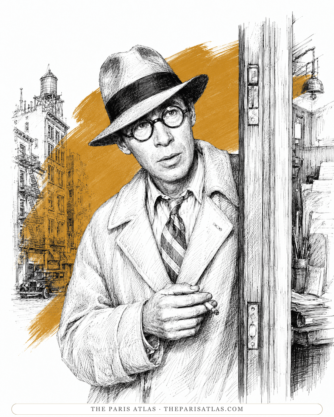 Illustration of a younger Henry Miller in a white fedora and round glasses, trench coat and cigarette, on a New York street.