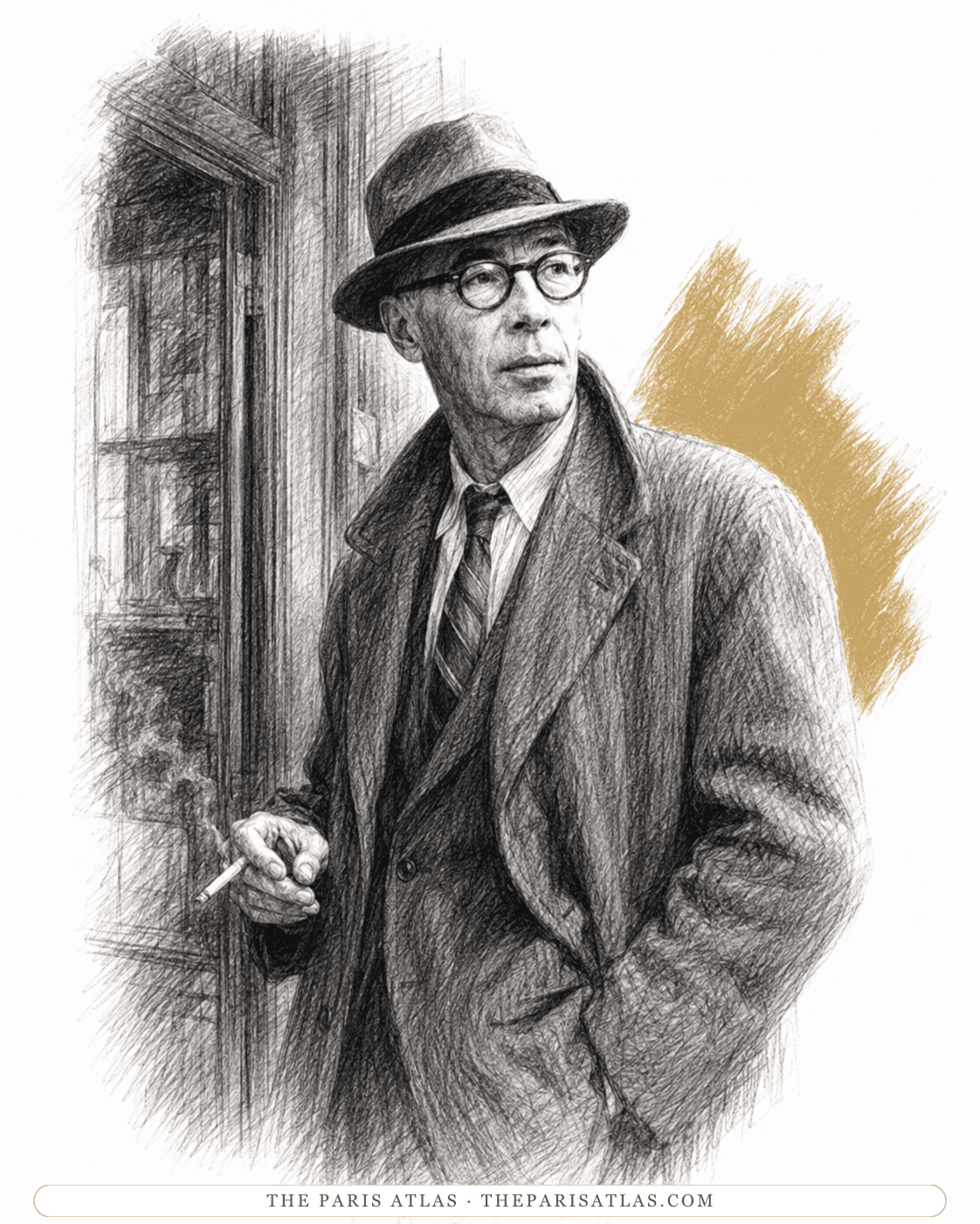 Pencil illustration of Henry Miller in a hat, glasses and overcoat, a cigarette in his hand, standing by a doorway.