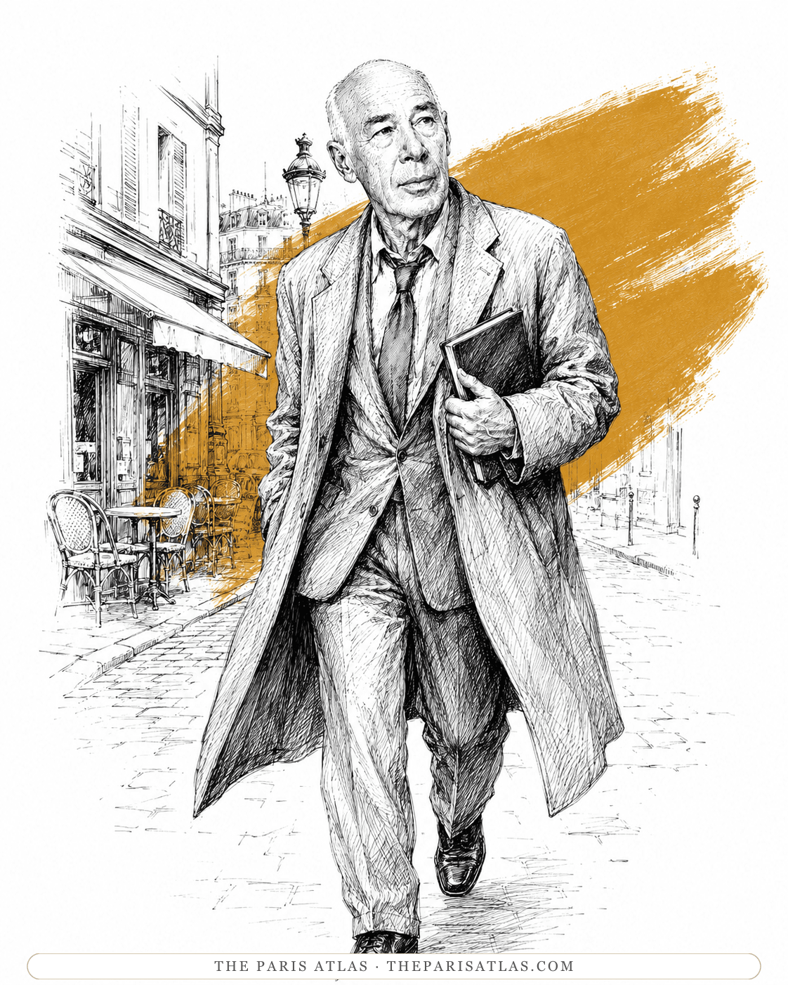 Illustration of Henry Miller walking a Paris street in an overcoat, a book under his arm, a café terrace behind.