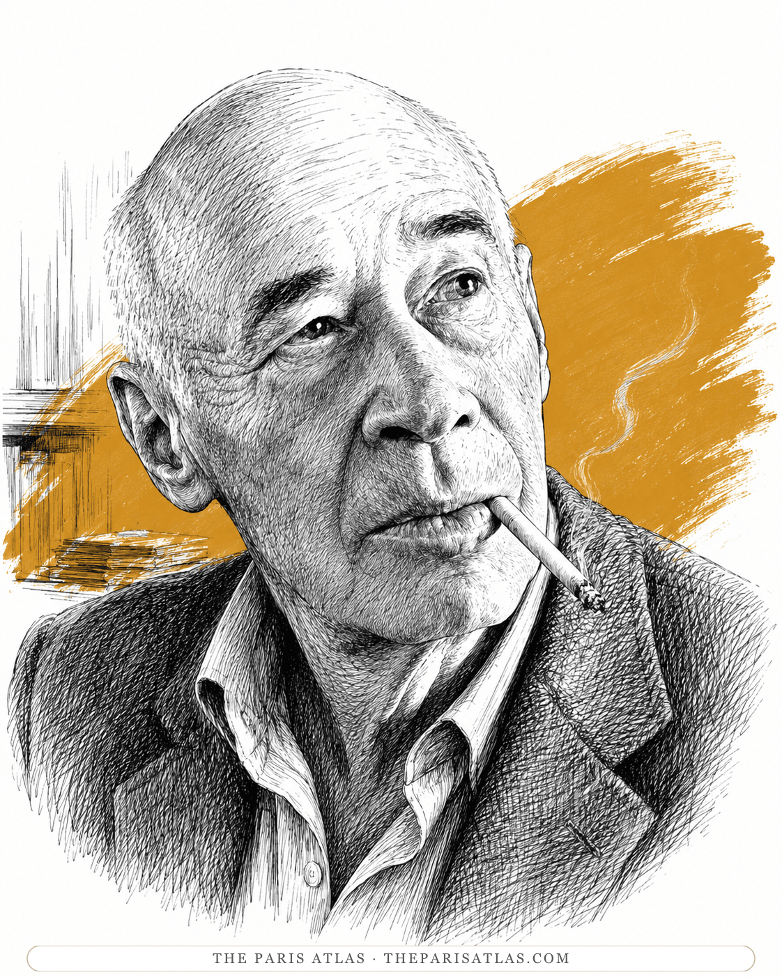 Illustration of Henry Miller in old age, bald and deeply lined, a cigarette held at his lips.