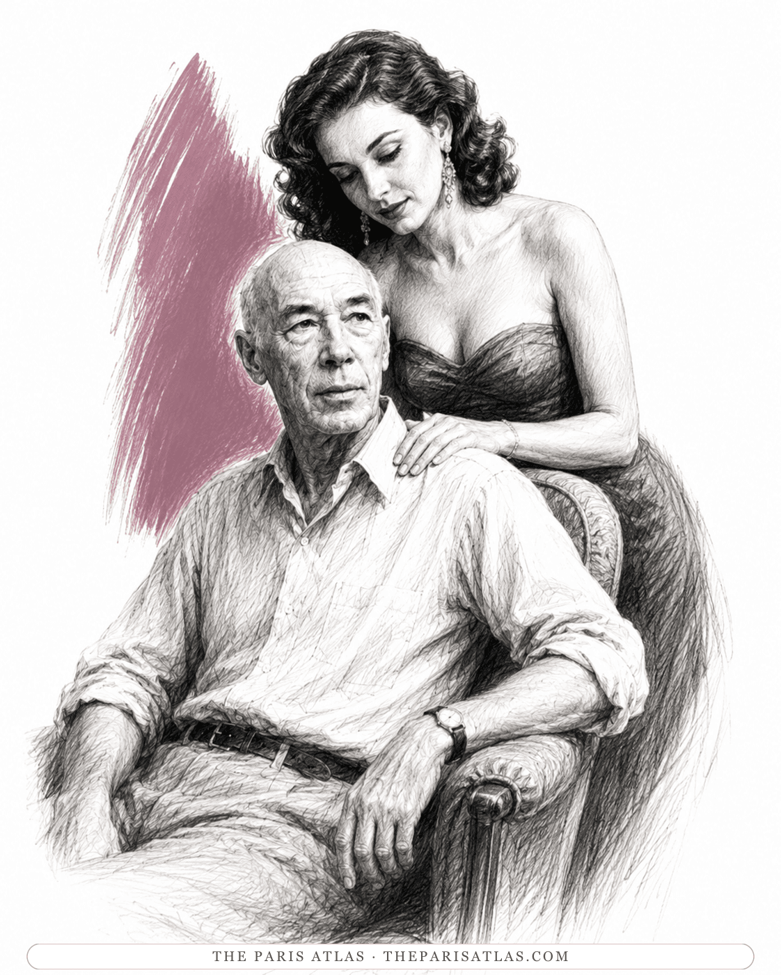 Pencil illustration of Henry Miller seated in a chair, a woman standing behind with a hand on his shoulder.