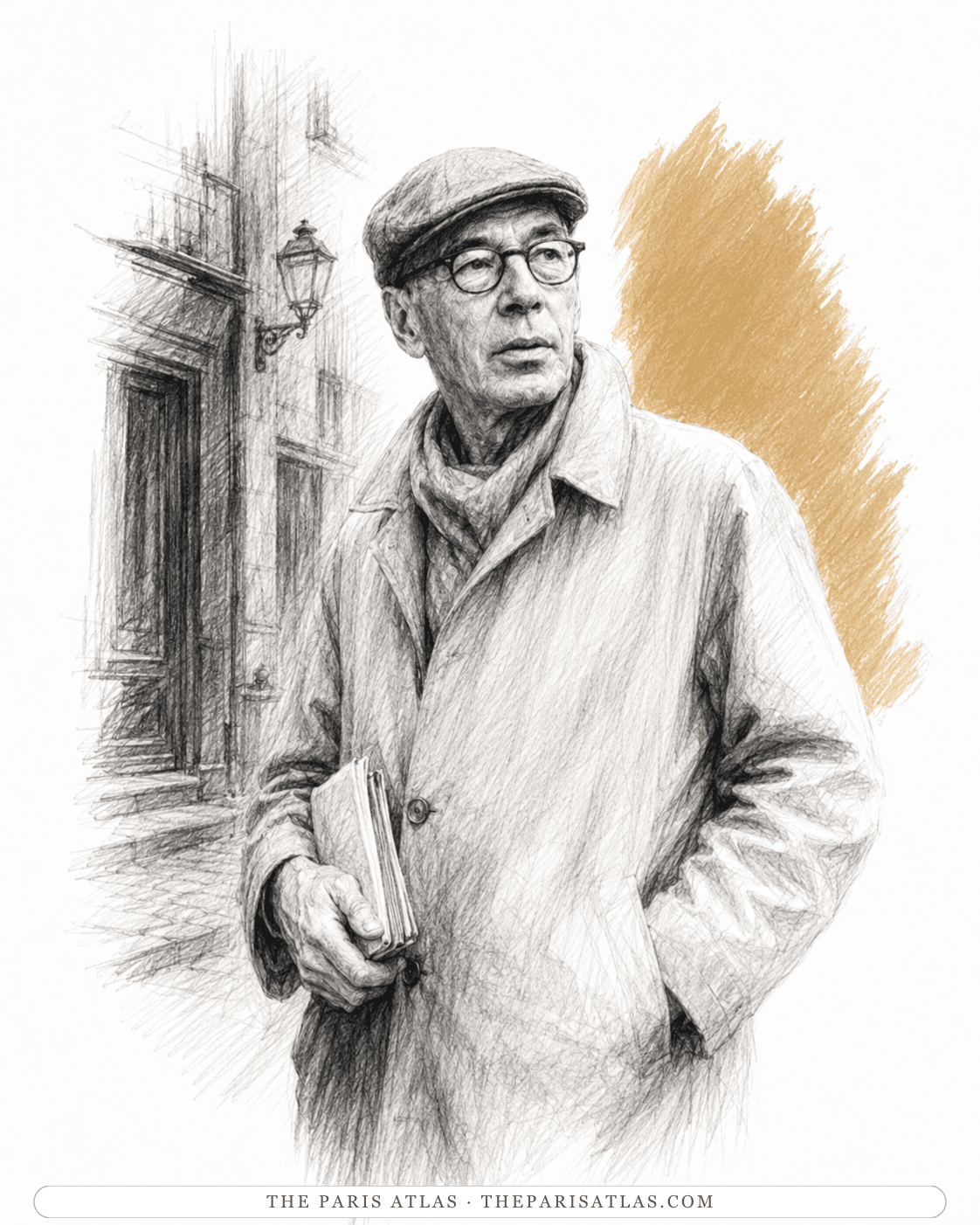 Pencil illustration of Henry Miller walking a Paris street in a flat cap and overcoat, a book in his hand.