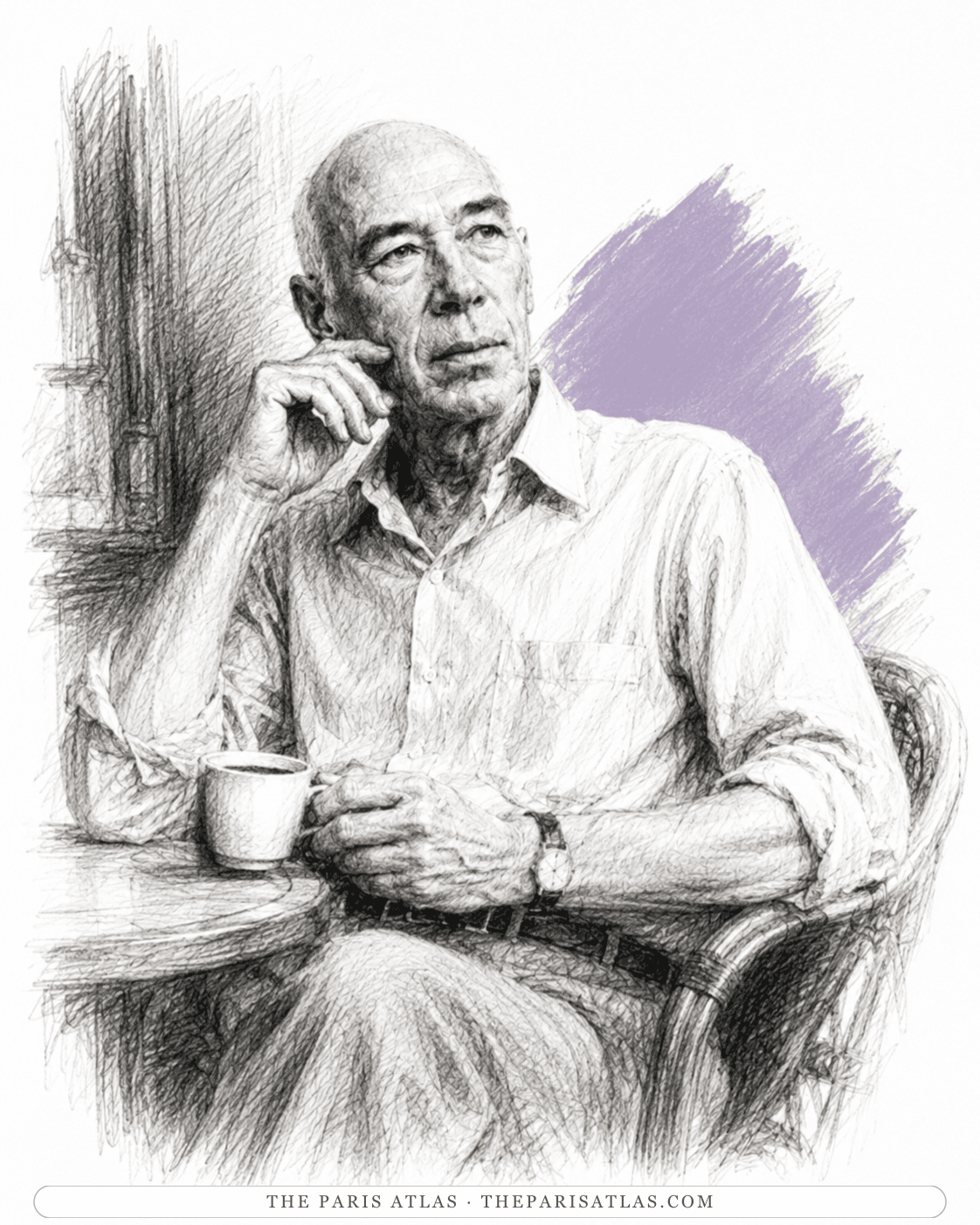 Pencil illustration of Henry Miller seated in a rattan chair with a cup of coffee, one hand to his temple.