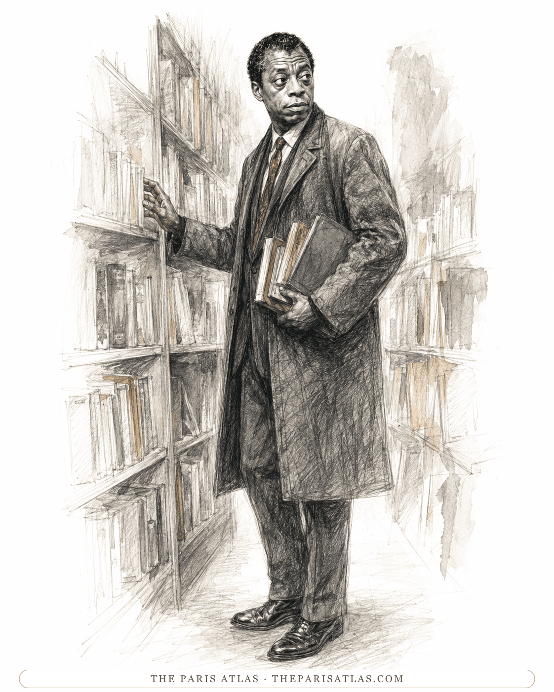 Pen-and-watercolour illustration of James Baldwin in a long overcoat standing in a narrow aisle between tall bookshelves, several books held under one arm and a hand resting on a shelf