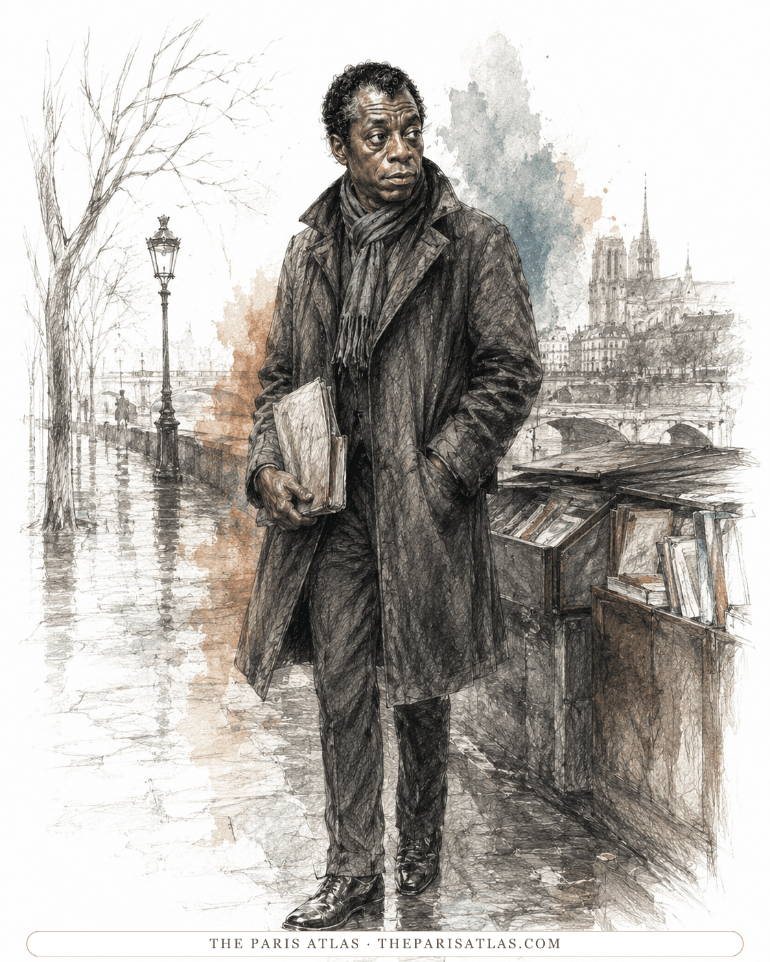 Pen-and-watercolour illustration of James Baldwin in an overcoat and scarf on a wet Seine quay, a book under one arm, a bouquiniste's stall open beside him and the towers of Notre-Dame sketched across the river