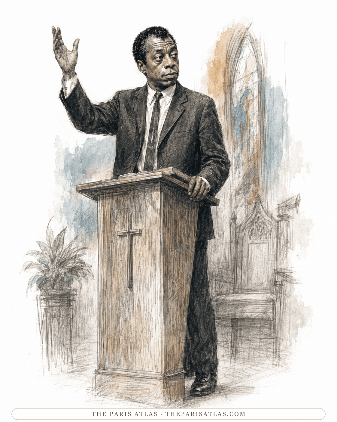 Pen-and-watercolour illustration of James Baldwin in a dark suit and tie behind a wooden pulpit marked with a cross, one hand raised, an open book in front of him and a church window sketched behind