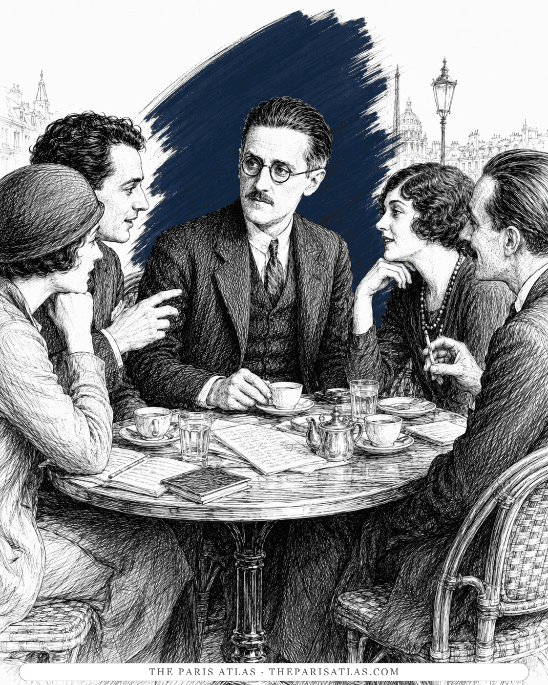 Illustration of James Joyce seated at a Paris café table with other people