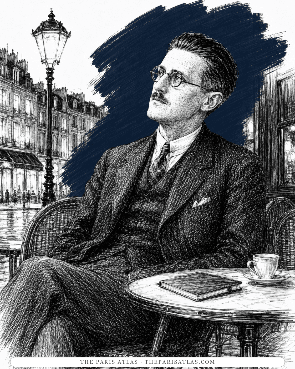 Illustration of James Joyce seated with coffee at a Paris café terrace