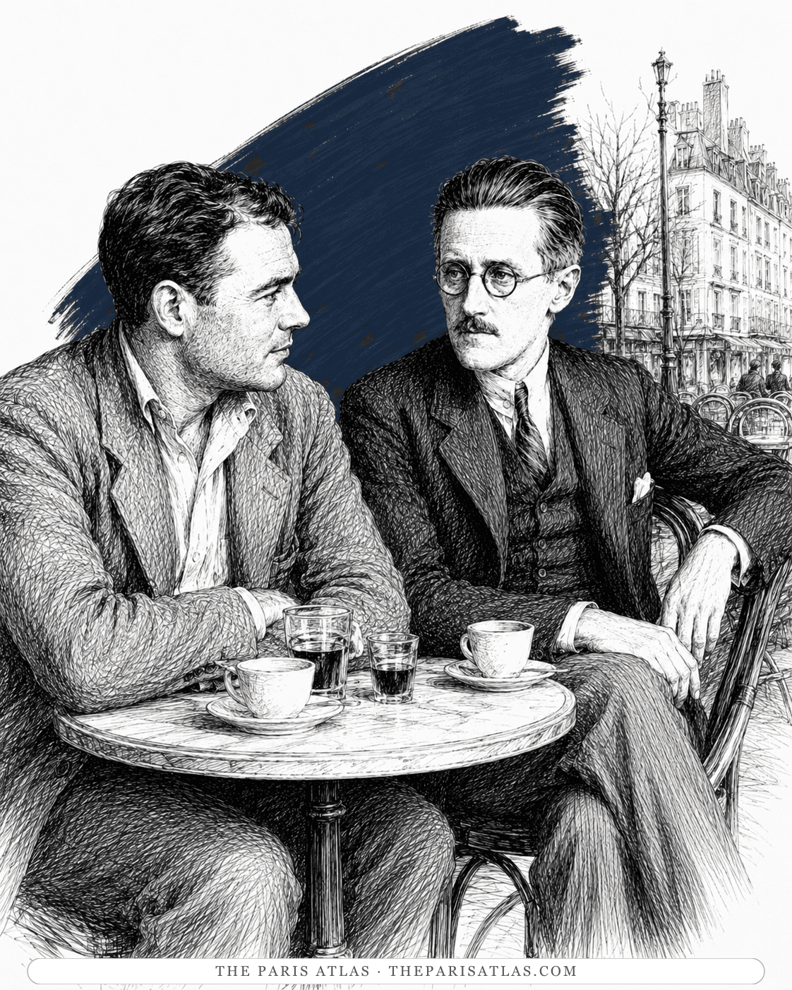 Illustration of James Joyce in conversation at a café terrace