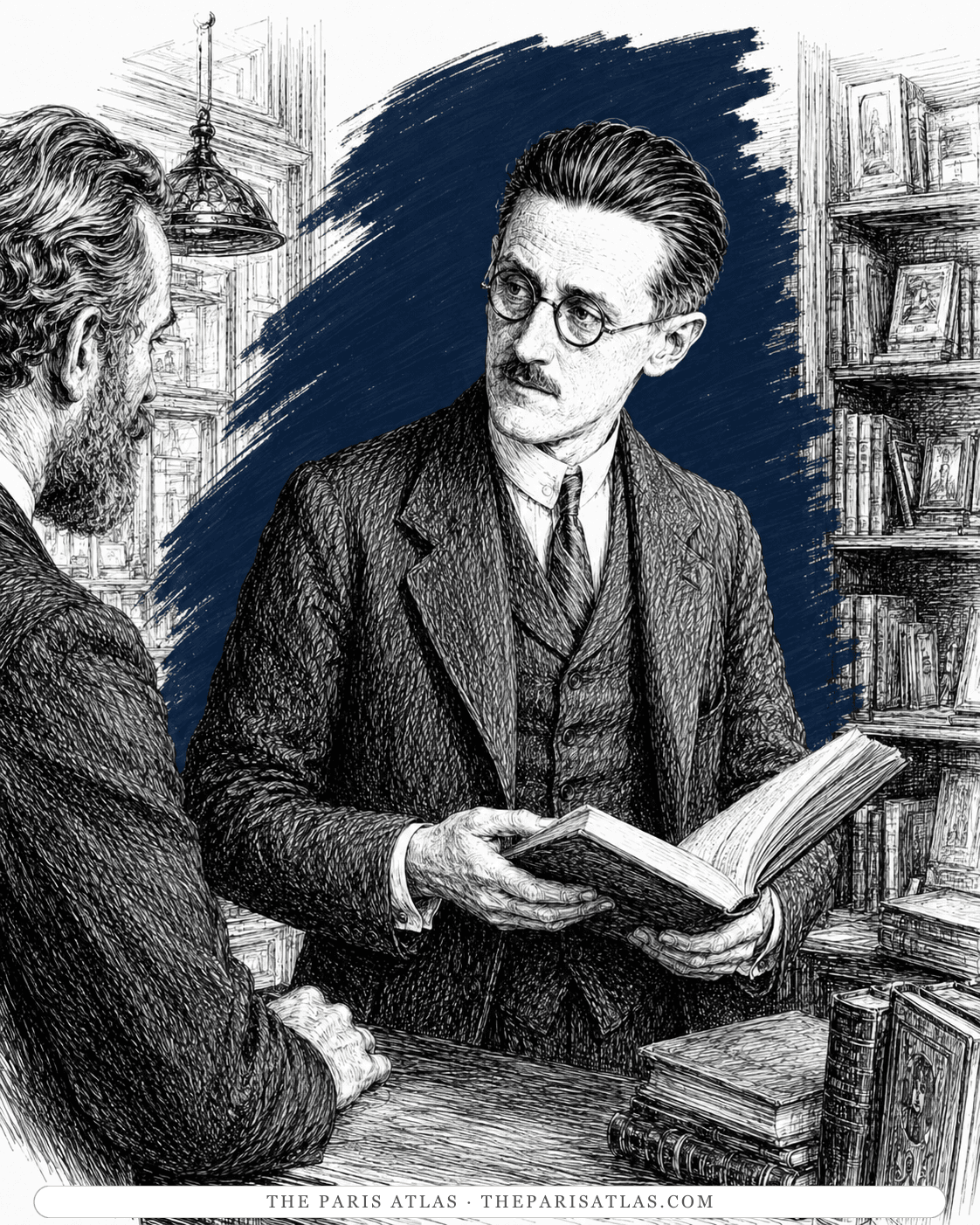 Illustration of James Joyce holding a book across the counter of a bookshop