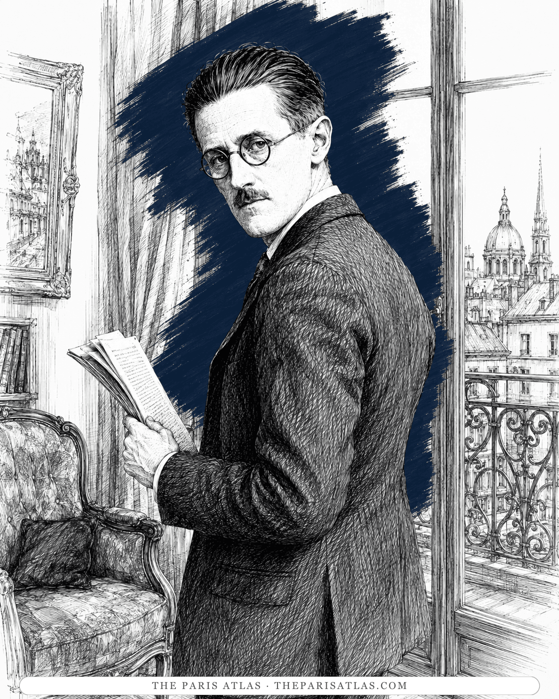 Illustration of James Joyce standing at a window above the Paris rooftops, holding pages