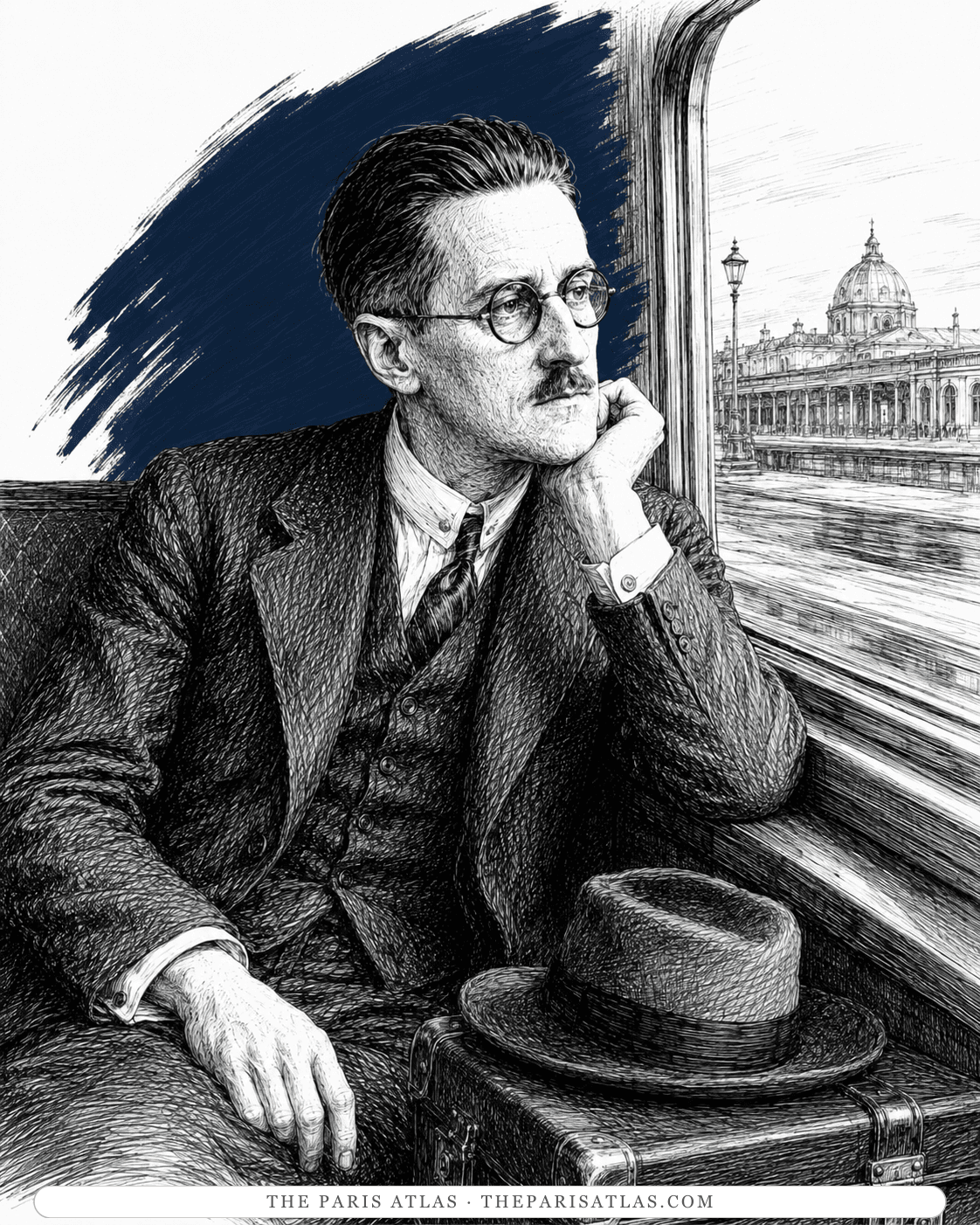 Illustration of James Joyce seated on a train looking out over Paris