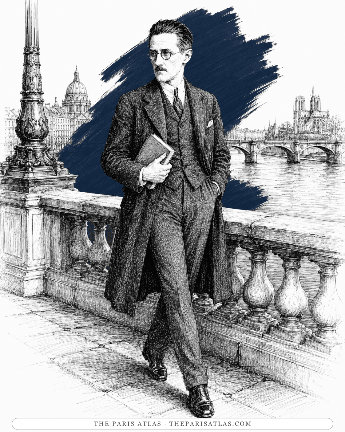 Illustration of James Joyce holding a book on a bridge over the Seine, with Notre-Dame behind