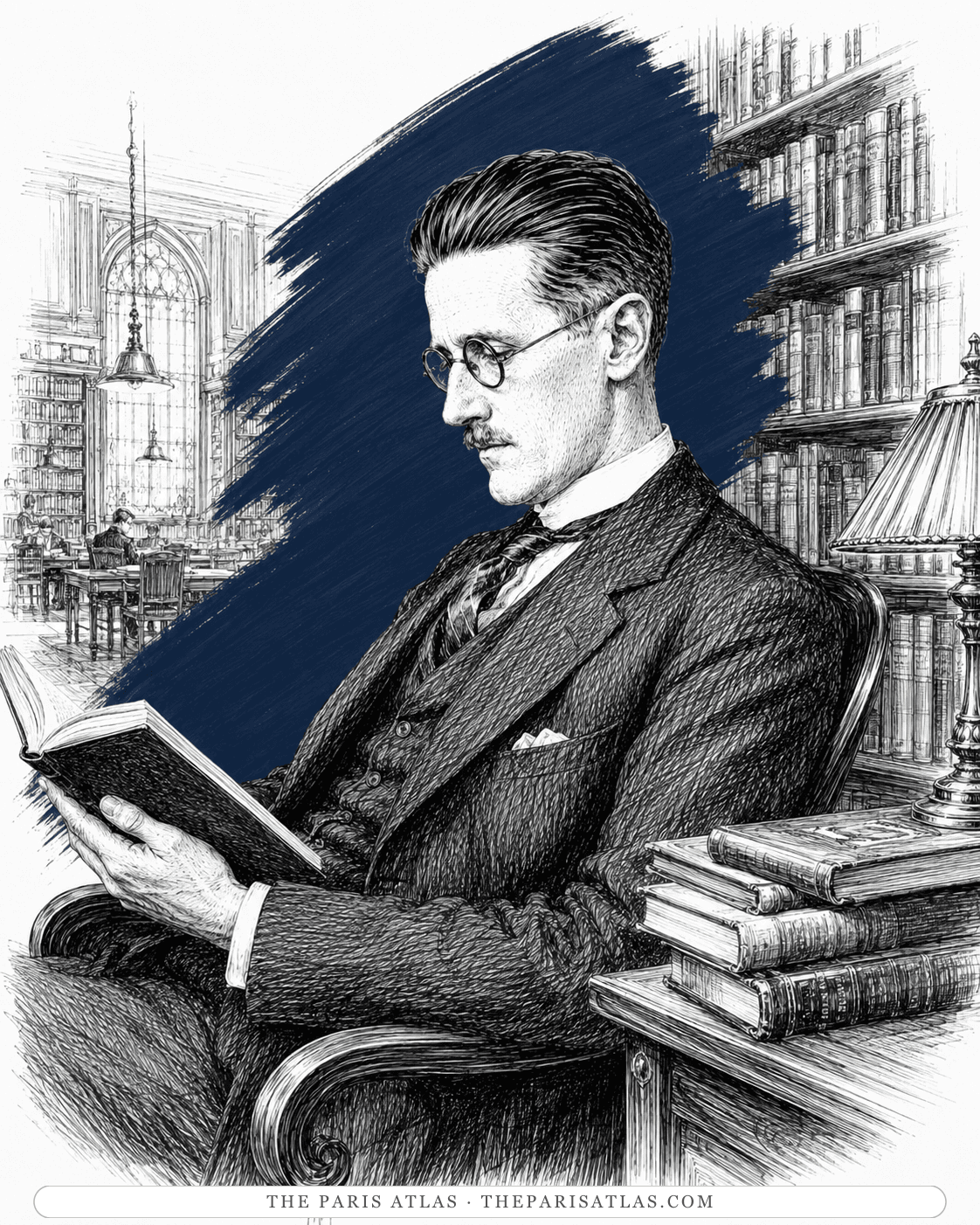 Illustration of James Joyce reading in a library reading room