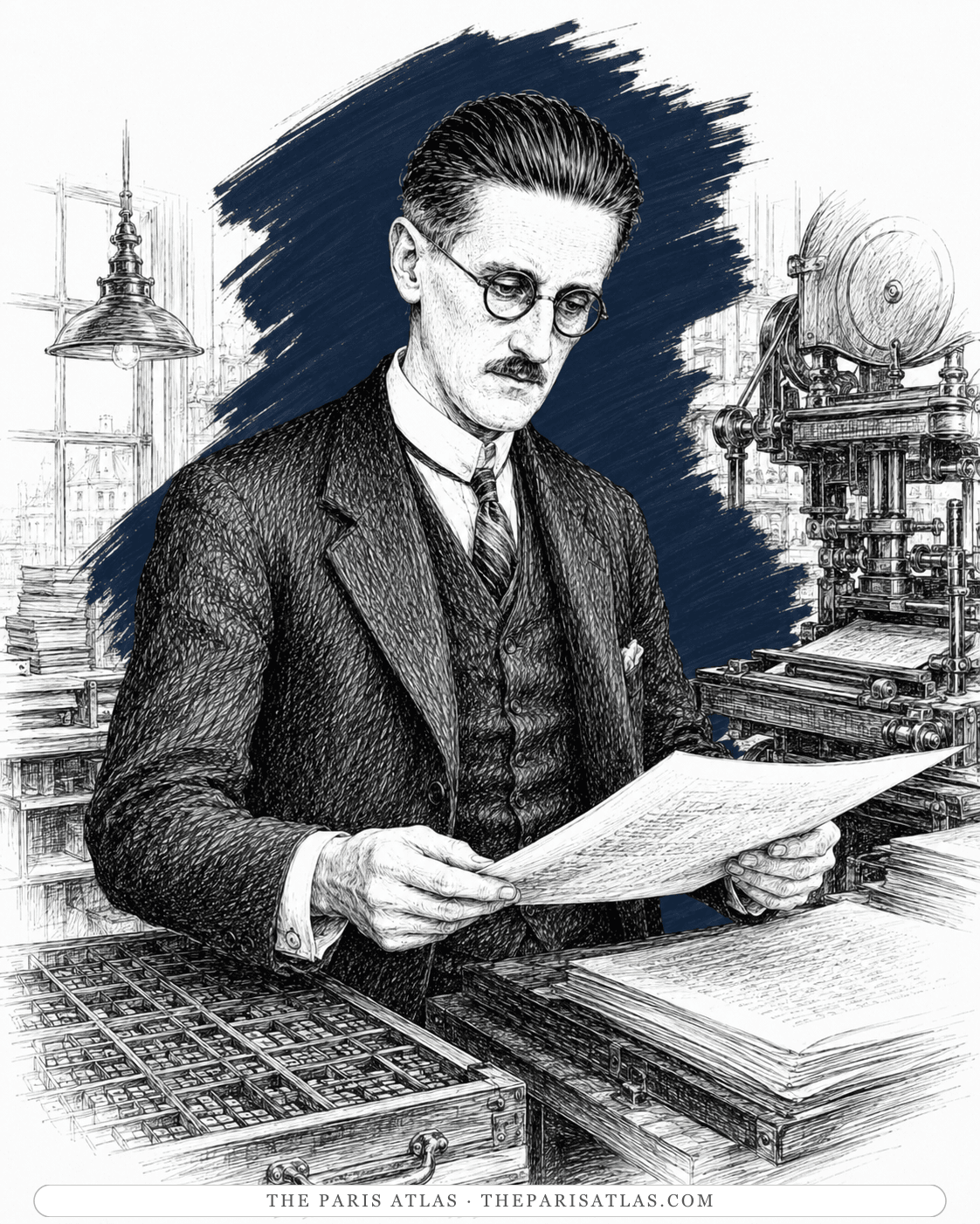 Illustration of James Joyce examining printed proof sheets at a letterpress printer