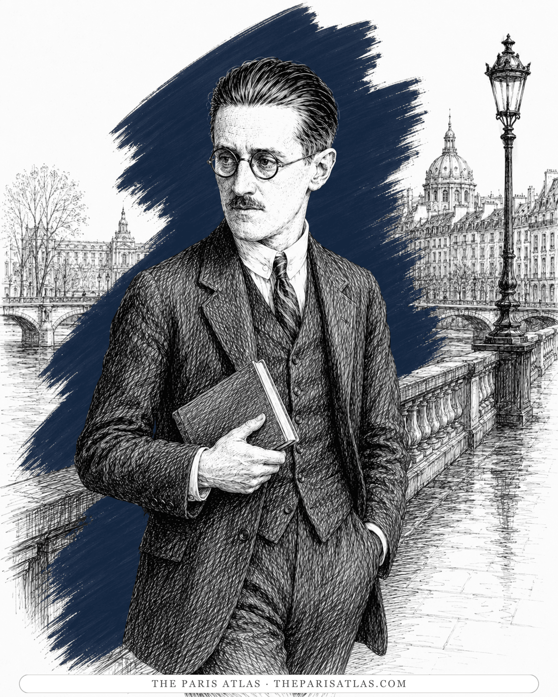 Illustration of James Joyce walking along the Seine embankment with a book