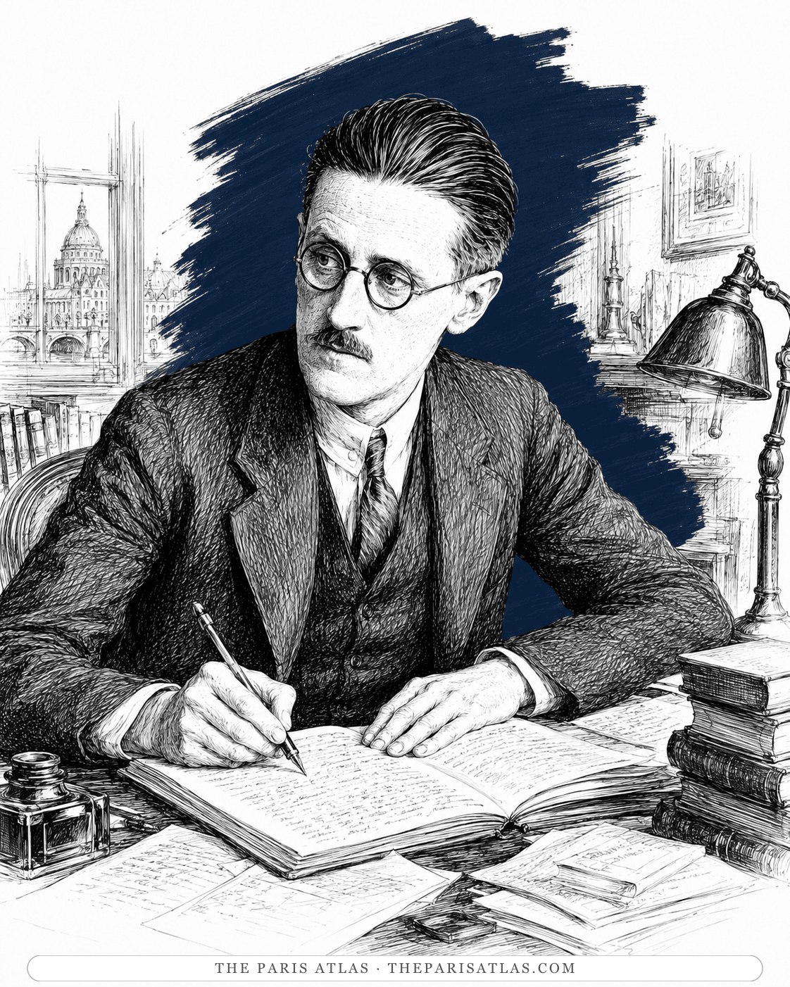 Illustration of James Joyce writing at a lamplit desk, a Paris dome in the window