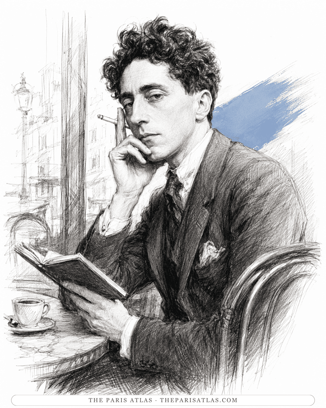 Illustration of Jean Cocteau at a café table with a book and a coffee, a cigarette held to his cheek, a Paris street behind him.