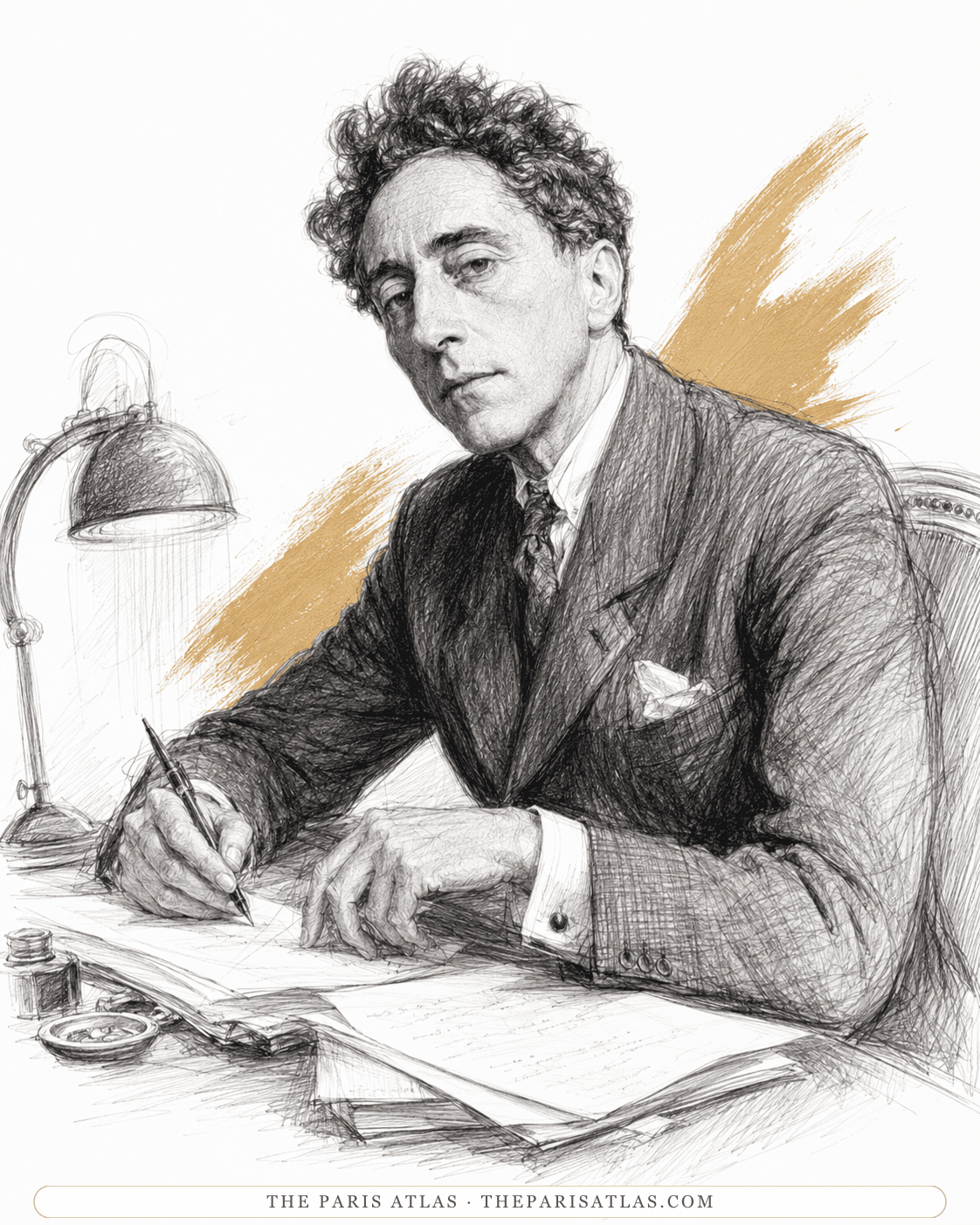 Illustration of Jean Cocteau writing at a desk under a lamp, an inkwell before him.