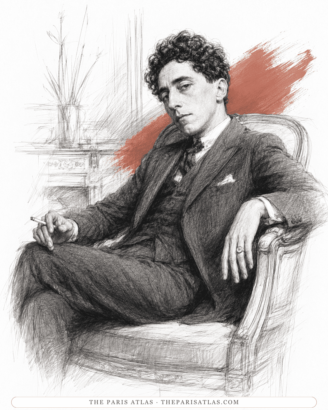 Illustration of Jean Cocteau seated in a Louis XV armchair in a three-piece suit, a cigarette in one hand and a signet ring on the other.