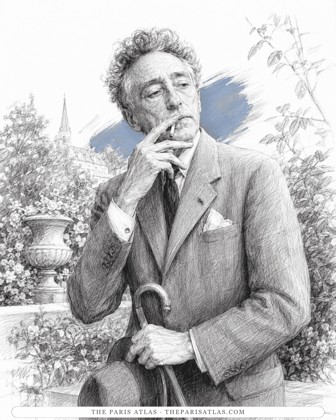 Illustration of an older Jean Cocteau in a garden, smoking, resting both hands on a walking cane and a hat, a church spire behind the roses.
