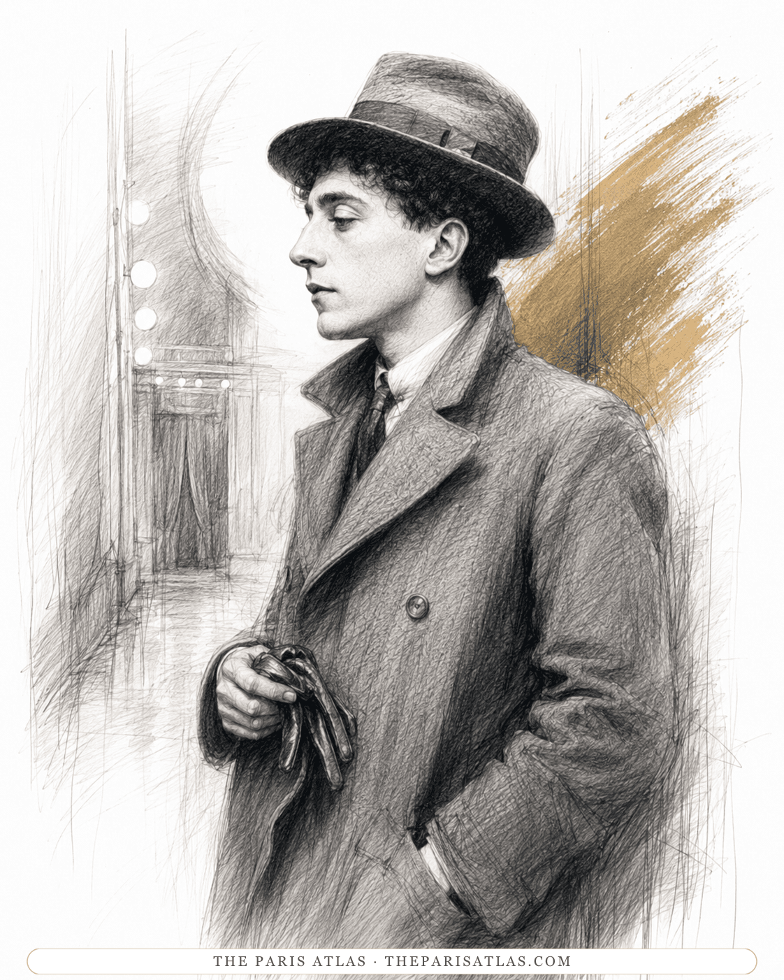 Illustration of a young Jean Cocteau in a hat and overcoat, gloves in hand, in profile outside a lit theatre entrance.