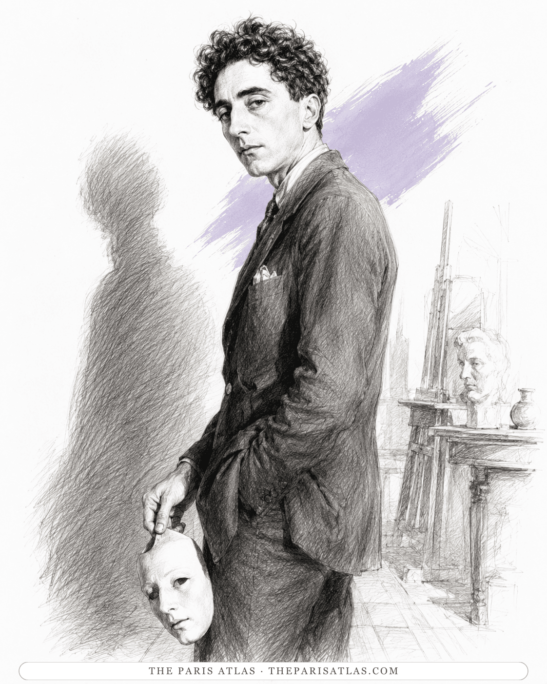 Illustration of Jean Cocteau holding a white theatrical mask at his side, an easel and a plaster head in the studio behind him.
