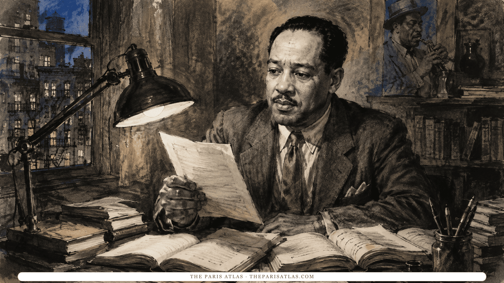 Ink-wash illustration of Langston Hughes reading a manuscript page under a desk lamp at night, open books spread on the desk, tenement windows lit behind him and a poster of a trumpet player on the wall