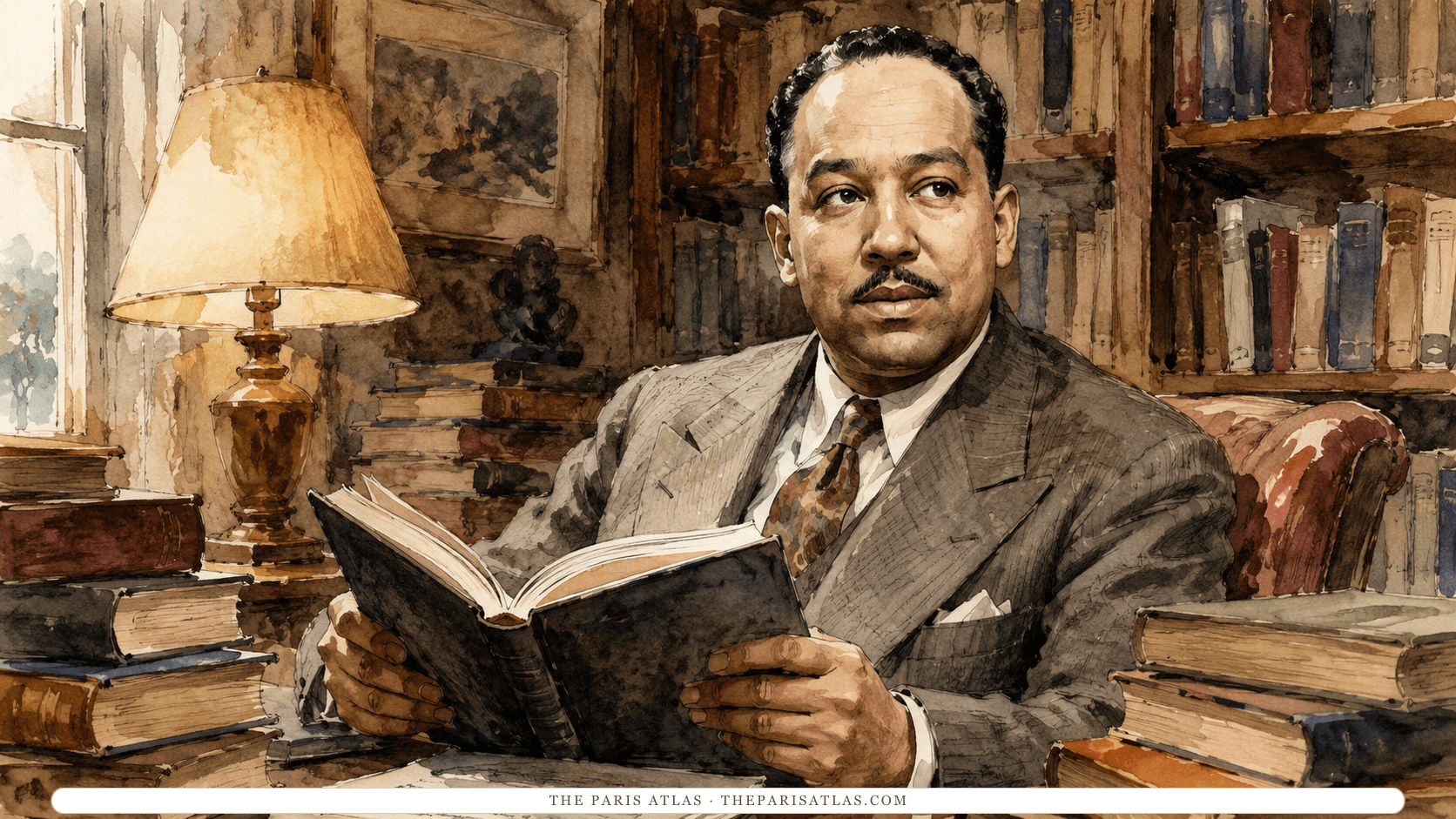 Watercolor illustration of Langston Hughes holding an open book among stacked books and shelves, a lamp lit beside the window