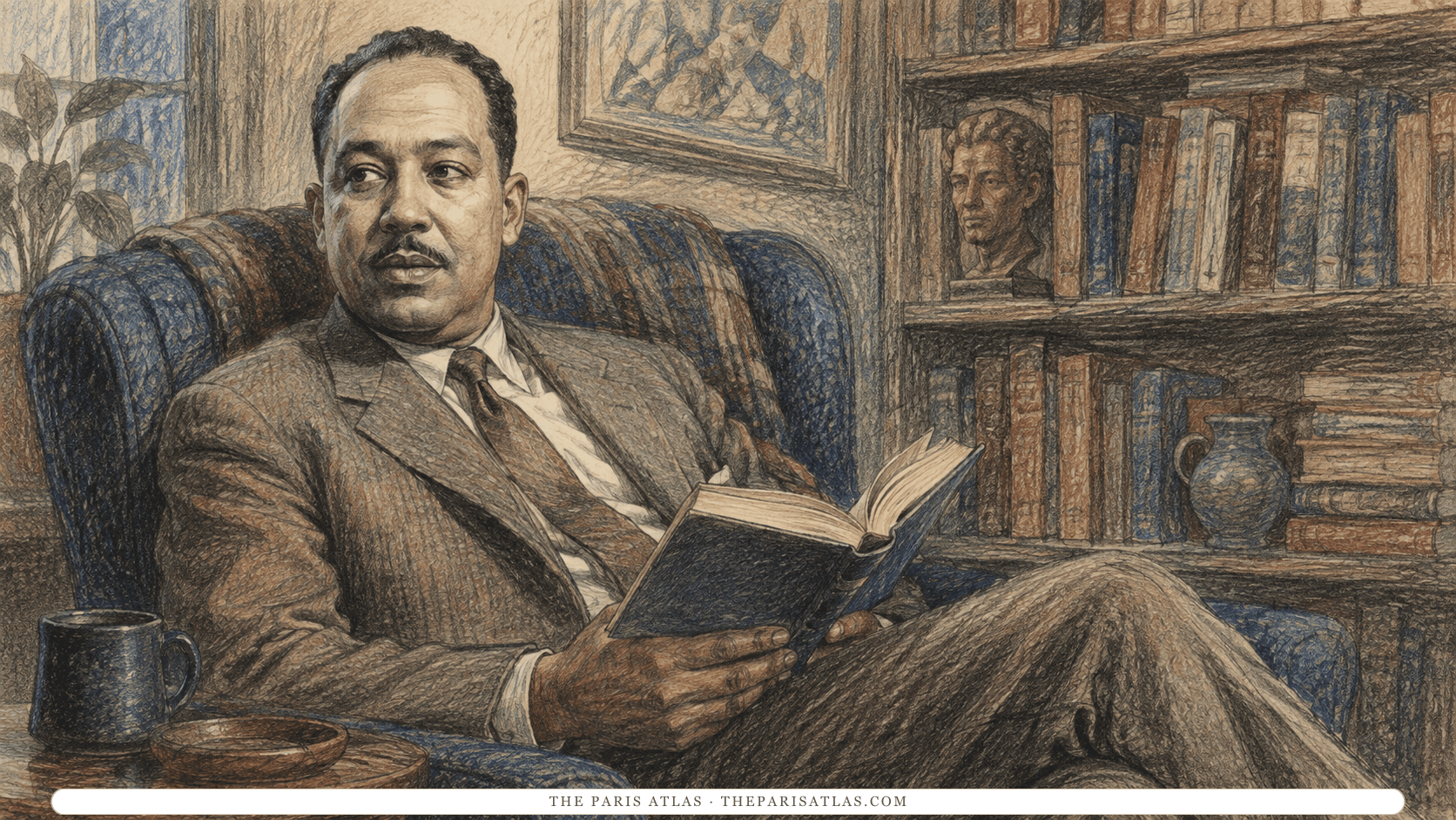 Colored-pencil illustration of Langston Hughes reading in a blue armchair with a plaid throw, a mug on the side table and full bookshelves behind him