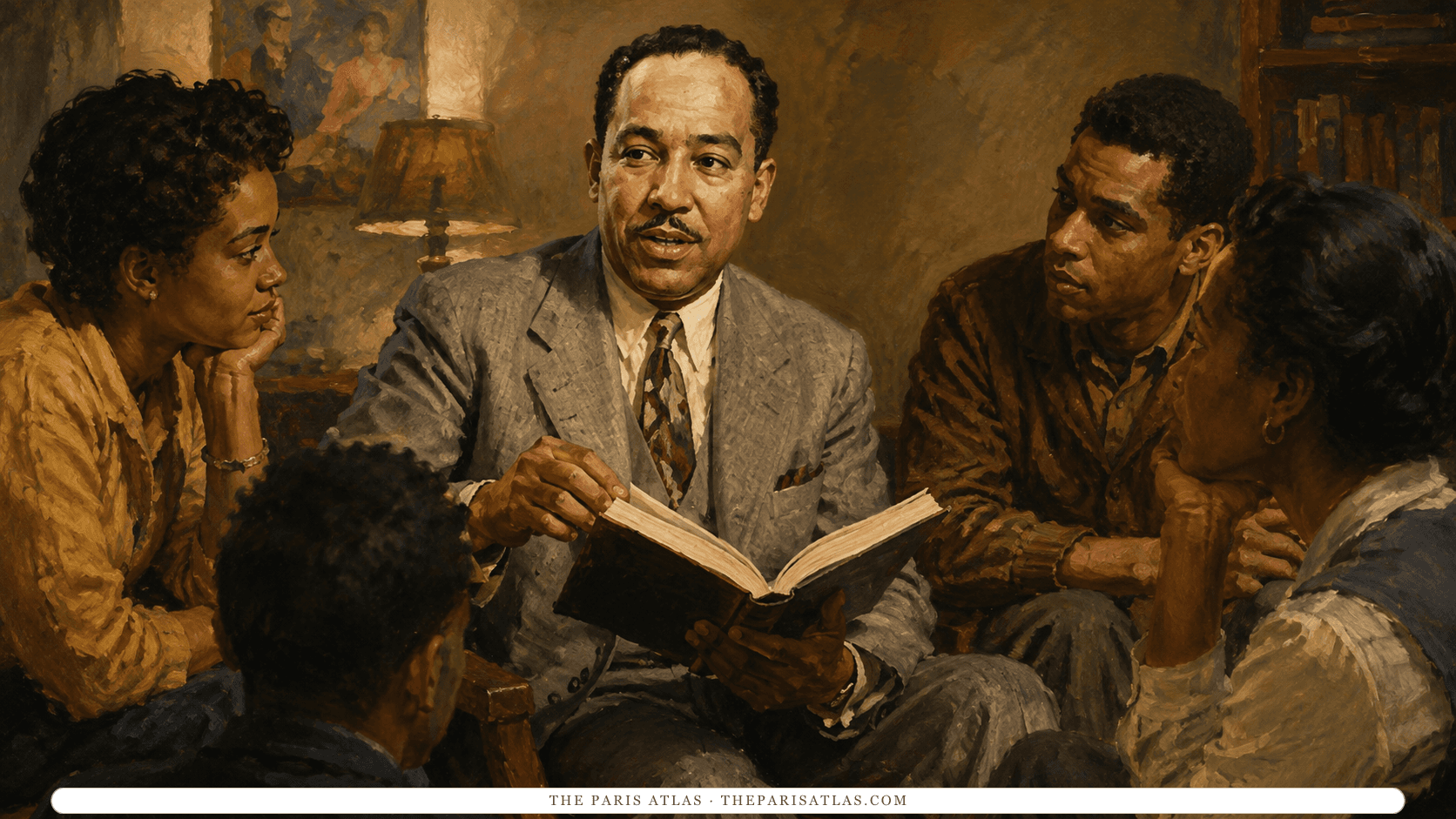 Oil-style illustration of Langston Hughes reading aloud from an open book to four listeners leaning in around him in a lamplit room