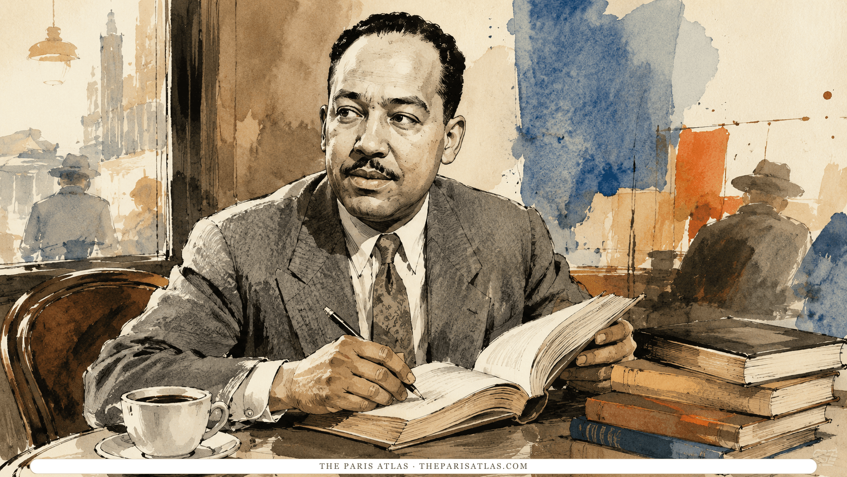 Watercolor and ink illustration of Langston Hughes writing in a notebook at a café table, a coffee cup before him and figures passing outside the window