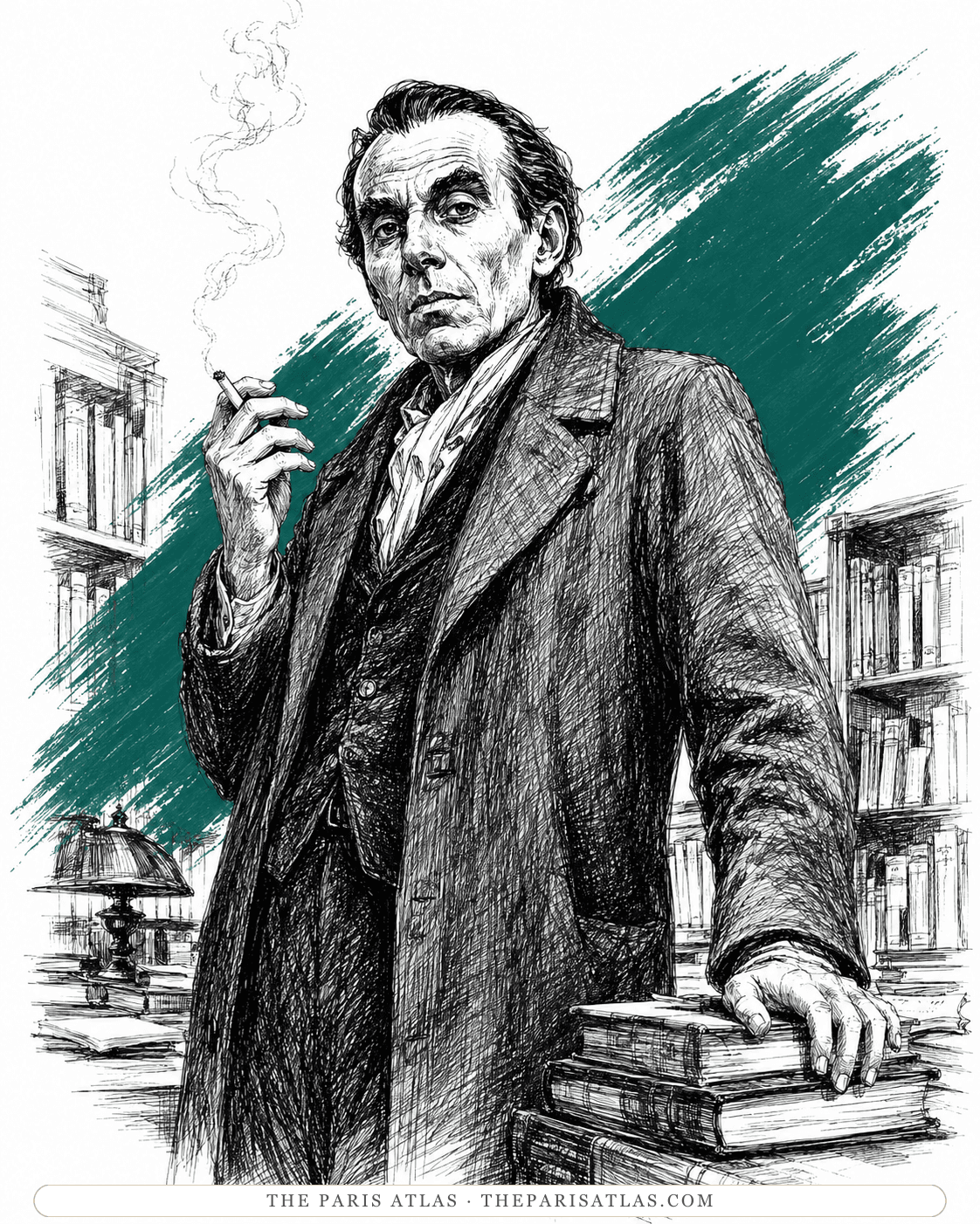 Illustration of Louis-Ferdinand Céline smoking among bookshelves in his study