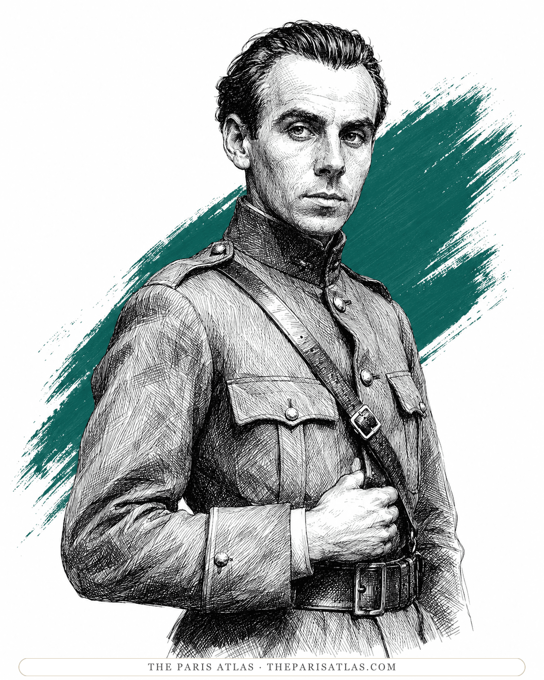 Illustration of a young Louis-Ferdinand Céline in a Great War cavalry uniform