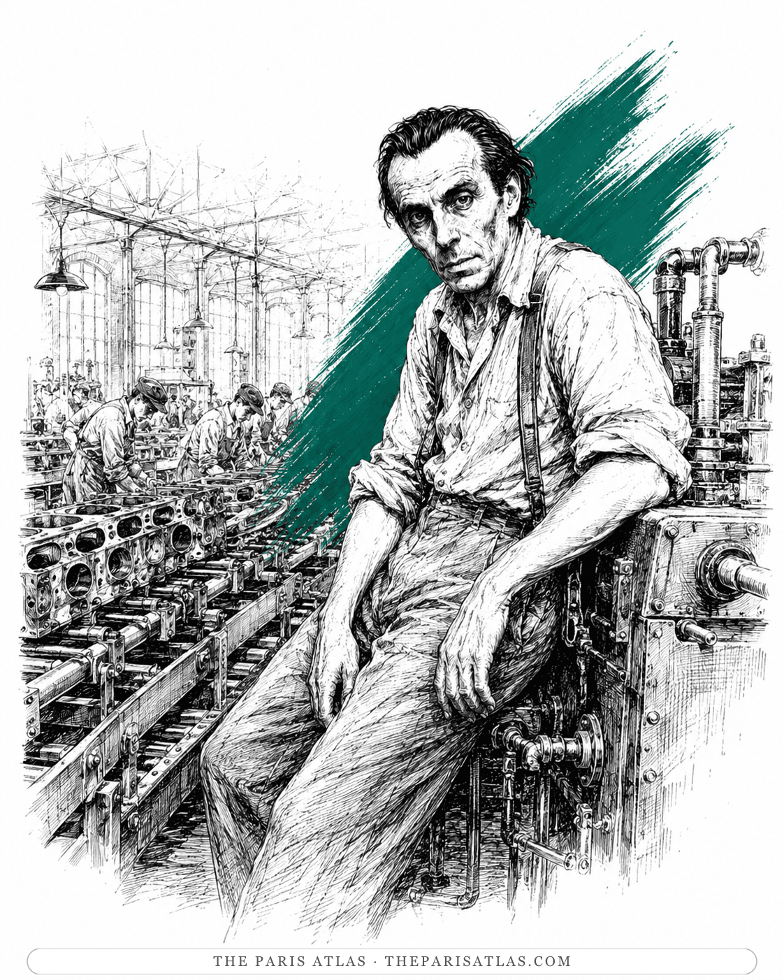 Illustration of Louis-Ferdinand Céline at a factory assembly line