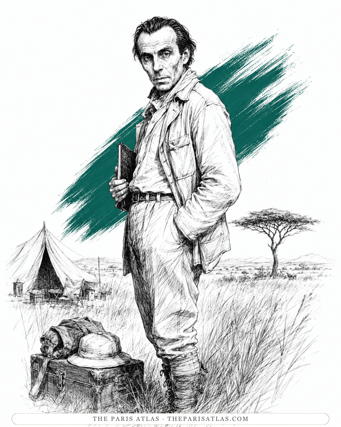 Illustration of Louis-Ferdinand Céline in colonial Africa, a tent and savanna behind him
