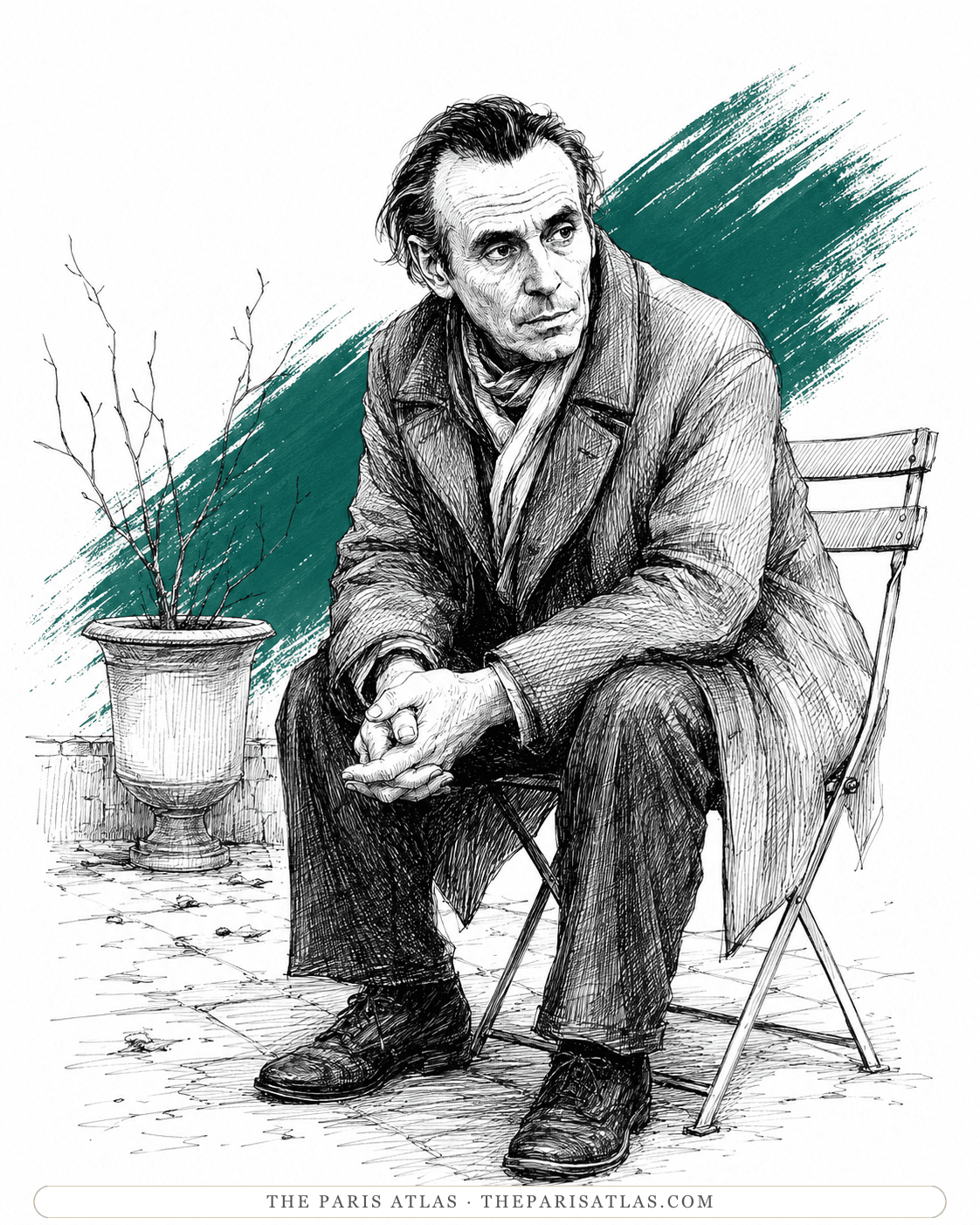 Illustration of an older, weary Louis-Ferdinand Céline seated on a terrace