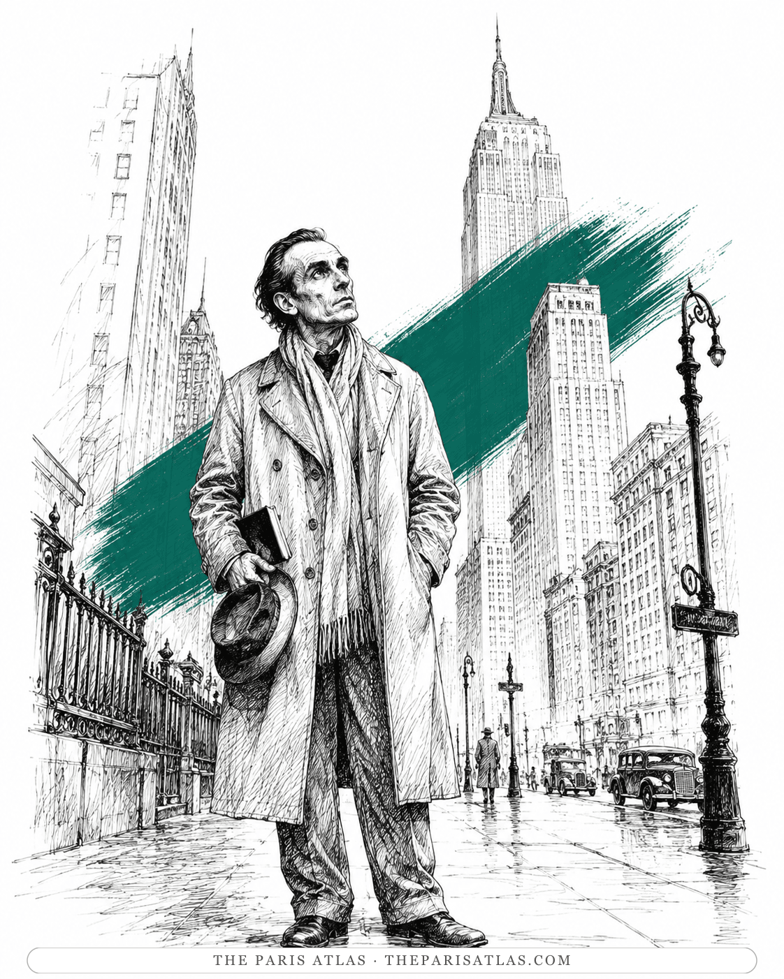 Illustration of Louis-Ferdinand Céline on a New York street beneath the skyscrapers