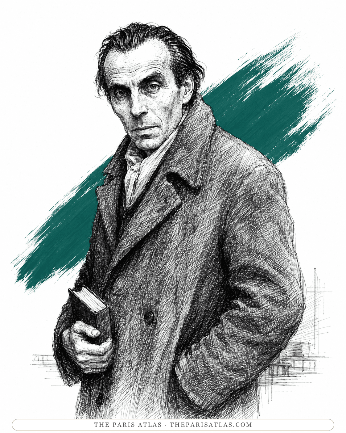Illustration of Louis-Ferdinand Céline in a heavy overcoat holding a book in the street