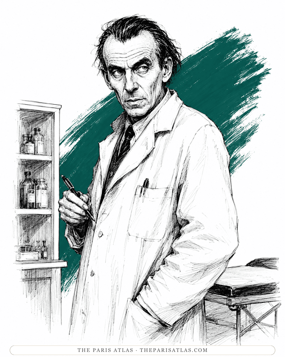 Illustration of Louis-Ferdinand Céline in a white coat in his clinic
