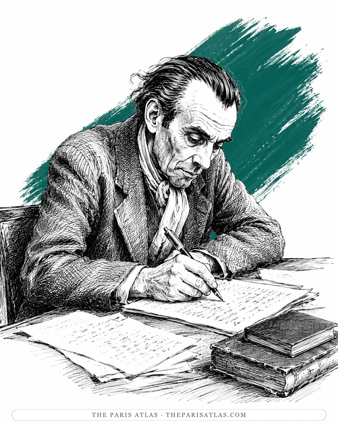 Illustration of Louis-Ferdinand Céline writing at his desk over a manuscript