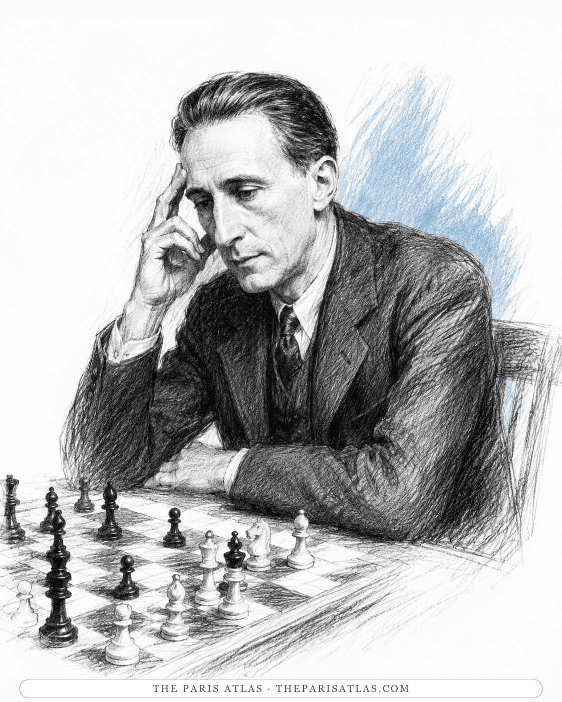Illustration of Marcel Duchamp seated at a chessboard mid-game, one hand raised to his temple in thought.