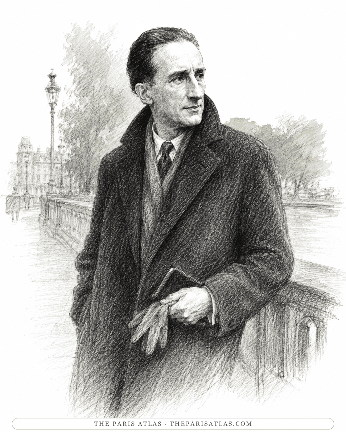 Illustration of Marcel Duchamp in an overcoat leaning on a stone balustrade by a Paris river, gloves and a book in hand.