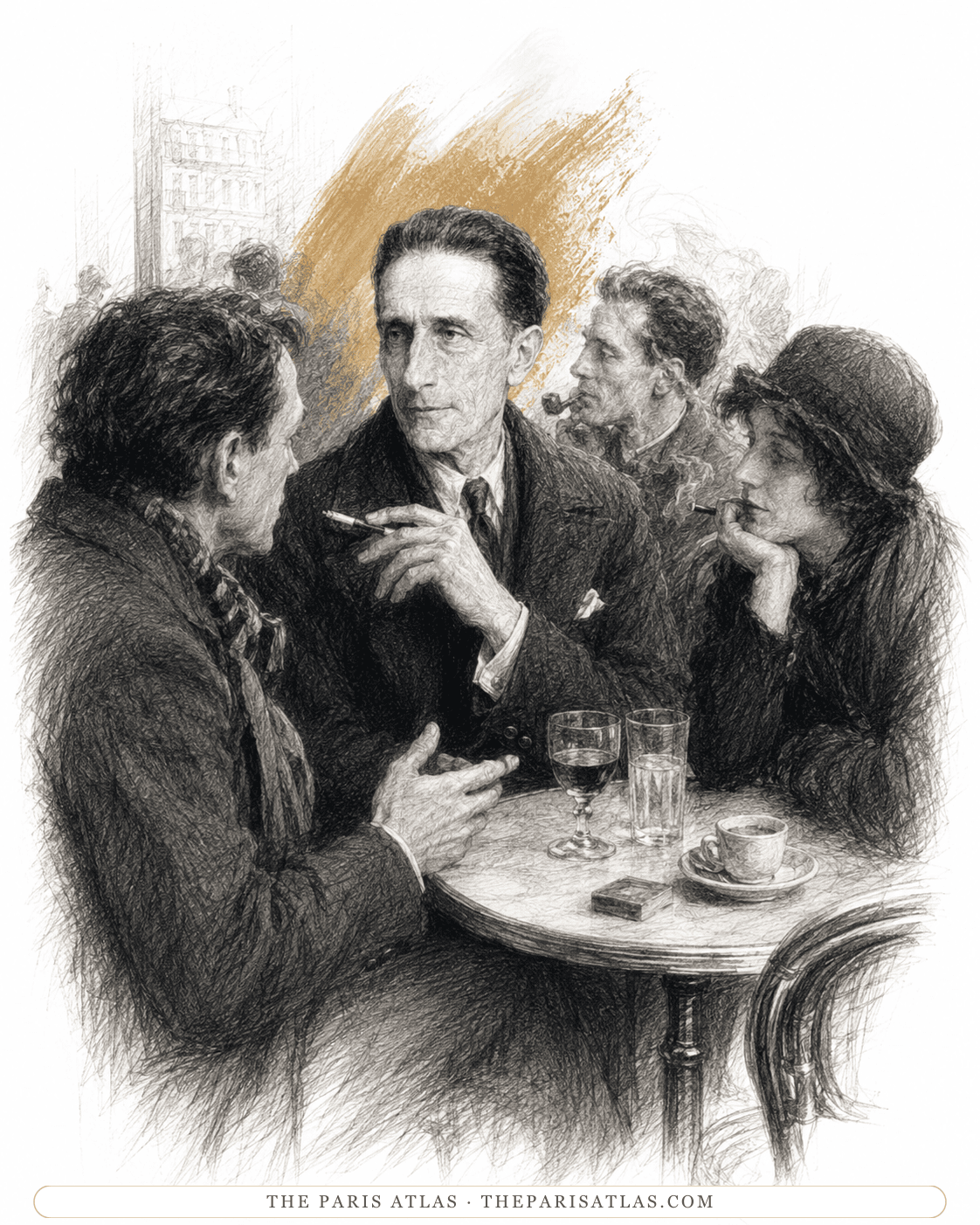 Illustration of Marcel Duchamp at a Paris café table with three companions, wine and coffee between them, a pipe-smoker behind.