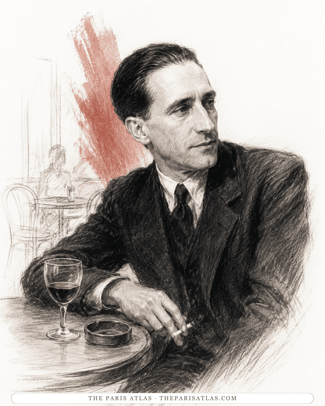 Illustration of Marcel Duchamp at a café table with a glass of red wine and a cigarette, a red brushstroke behind him.