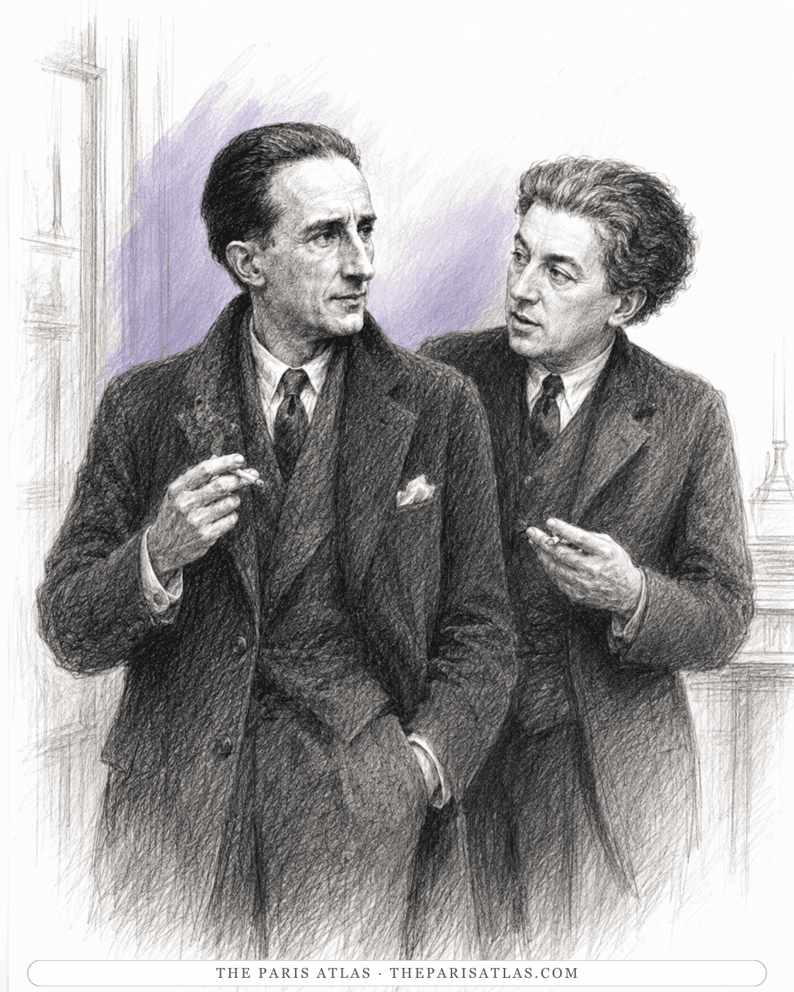 Illustration of Marcel Duchamp in conversation with another man, both in dark suits, a cigarette in Duchamp's hand.