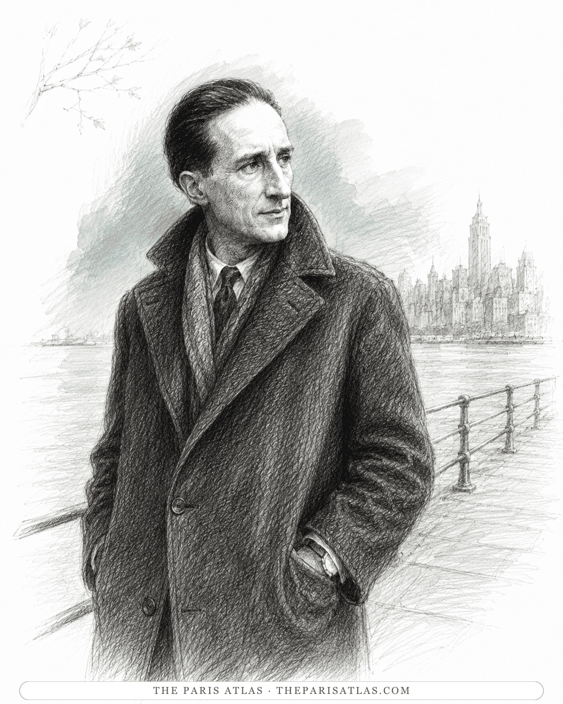 Illustration of Marcel Duchamp in a heavy coat on a waterfront railing, the lower Manhattan skyline across the water.